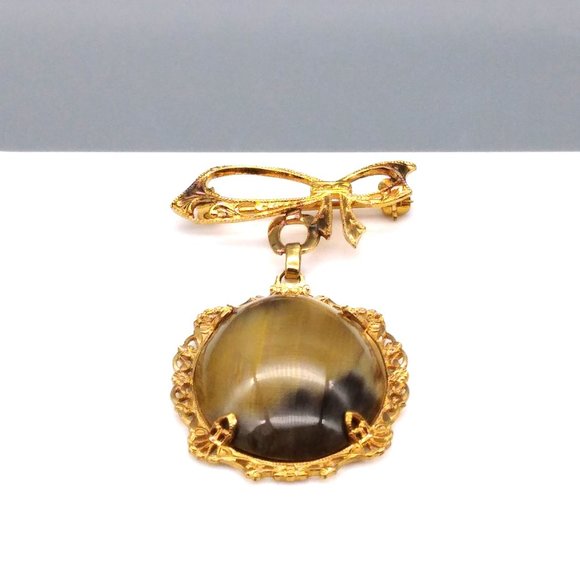 Vintage Filigree Bow Brooch with Dangling Stone Cabochon Ovalin Gold Tone Frame - Picture 2 of 4